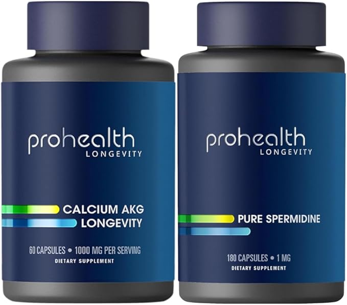ProHealth Healthy Aging Bundle | Ca AKG Supplement 1,000mg (60 Capsules) + Pure Spermidine Supplement 1mg (180 Veggie Capsules) | Supports Longevity, Metabolic Function, Autophagy & Cellular Health