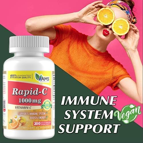 America Medic & Science Rapid-C 1000mg Vitamin C Supplement (1 Pack of 200 Tablets) Energy Booster, Daily Immune System Support, Antioxidant | Vegan, Non-GMO Coated Ascorbic Acid for Adult Men & Women