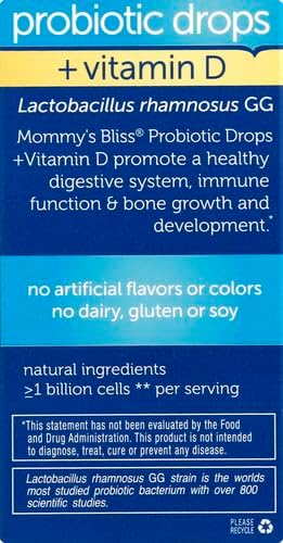 Mommy's Bliss Baby Probiotics + Vitamin D Drops,Supports Digestive Health & Immune Function*,400IU Vitamin D,Supports Bone Development*,Newborns+,Flavorless,0.34 Fl Oz (30 Servings),(Pack of 2)