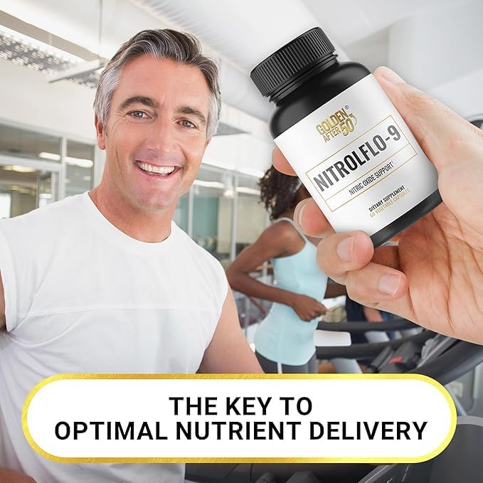 Golden After 50 NitrolFlo-9 - Nature-Powered Nitric Oxide Supplement with Pomegranate Extract, Grape Seed, and S7 - Supports Nutrient Circulation and Optimal Energy - 6 Bottles