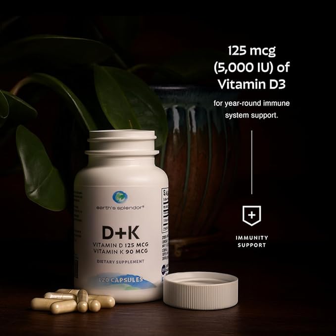 Earth's Splendor Vitamin D + K, 120 Capsules, Contains D 120mcg of Vitamin D3 and 90mcg Vitamin K2, 4 Month Supply