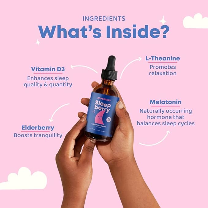 JoySpring SleepBerry - Kids Melatonin Liquid - 3MG Melatonin with D3 and Elderberry - Sugar-Free Liquid for Kids & Teens – Gentle Natural Sleep Support Formula (4 fl oz) (Pack of 2)