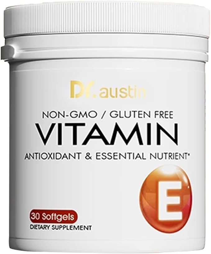 DR.AUSTIN Natural Vitamin E Softgels - 30 Count, Non-GMO Gluten Free Antioxidant Supplement for Skin & Hair Health, Wheat Germ Oil Capsules for Daily Wellness Support (1)