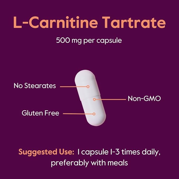 BESTVITE L-Carnitine Tartrate 500mg per Capsule (120 Capsules) - No Stearates - Non GMO - Gluten Free - Supports Heart Health & Energy Production*