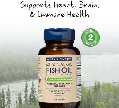 Wiley's Finest Wild Alaskan Fish Oil Easy Swallow Minis - Omega-3 Fish Oil Supplement for Adults and Kids - Double-Strength 630mg EPA and DHA Natural Supplement - 60 Mini Softgels (30 Servings)