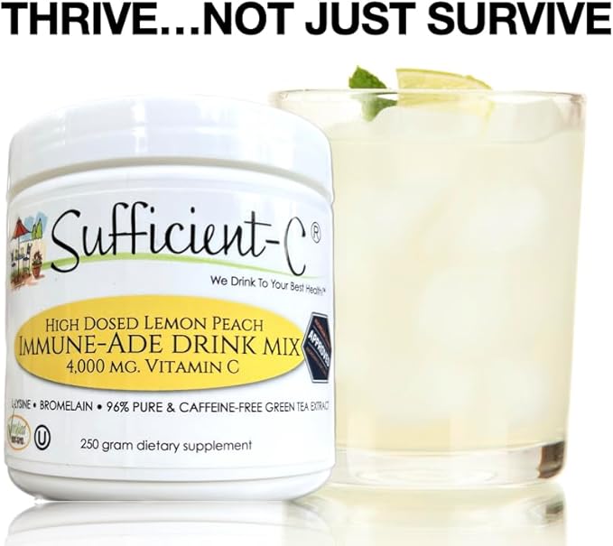 Sufficient-C High-Dosed 4000 mg. Vitamin C Lemon Peach Immune-Ade Drink Mix 250 gram Size - Refreshing with Generously Dosed L-lysine, Bromelain & 96% Pure, Caffeine-Free Green Tea Extract
