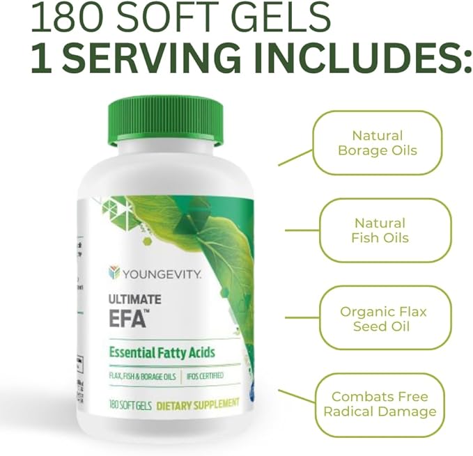 Youngevity Ultimate EFA - Organic Source of Essential Fatty Acids | Omega 3, 6, & 9 | Made from Borage, Flax & Fish Oil | 180 Count (180 Count (Pack of 1))