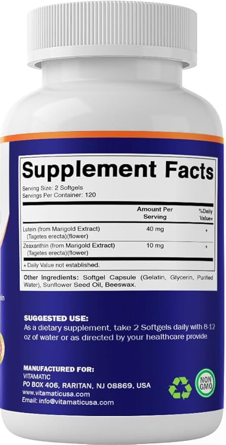 Vitamatic Lutein 40mg with Zeaxanthin 10mg, Eye Health Support Supplement, 240 Softgels