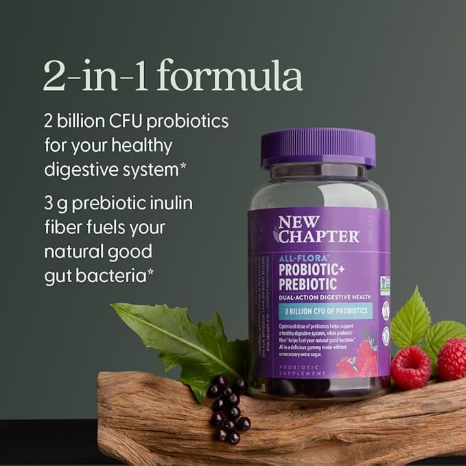 New Chapter Probiotic Gummies for Women and Men,All-Flora (1 Month Supply) – 55% Less Sugar+,Formulated for Holistic Gut Health Support with Probiotics+Prebiotic Fiber+100% Vegan+Non-GMO,(Pack of 2)