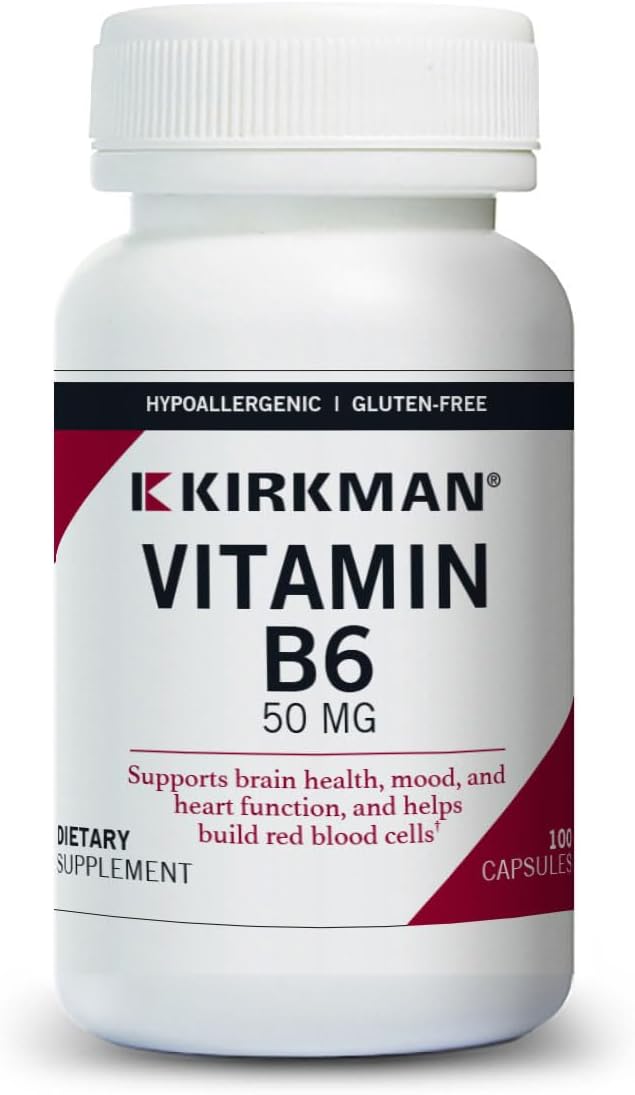 Kirkman Vitamin B-6 50 mg - Hypoallergenic || 100 Vegetarian Capsules || Gluten/Casein Free || Tested for More Than 950 Environmental contaminants.