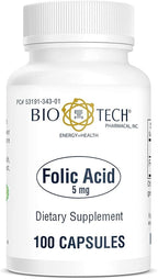 Bio-Tech Pharmacal Folic Acid (5 mg), 100 Capsules – All-Natural Supplement – Supports Cardiovascular, Nervous System, & Prenatal Health – No Dairy, Fish, Gluten, Peanut, Shellfish, GMOs, Halal, & Soy