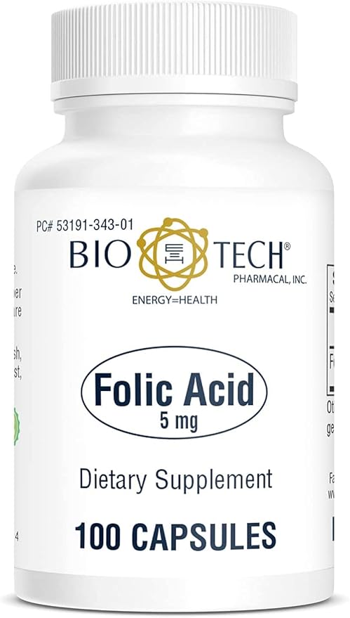 Bio-Tech Pharmacal Folic Acid (5 mg), 100 Capsules – All-Natural Supplement – Supports Cardiovascular, Nervous System, & Prenatal Health – No Dairy, Fish, Gluten, Peanut, Shellfish, GMOs, Halal, & Soy