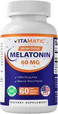 Vitamatic Melatonin 60 mg Fast Dissolve Tablets - 60 Vegan Natural Berry Flavor Tablets - Non-Habit Forming - Non-GMO, Gluten Free (1 Bottle)