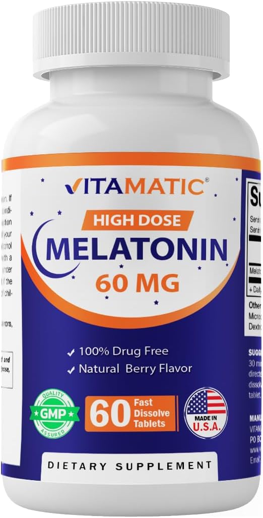 Vitamatic Melatonin 60 mg Fast Dissolve Tablets - 60 Vegan Natural Berry Flavor Tablets - Non-Habit Forming - Non-GMO, Gluten Free (1 Bottle)