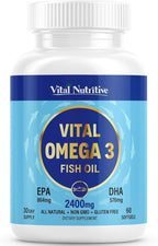 Vital Omega 3 Fish Oil Supplements 2400mg | 864mg EPA & 576mg DHA | 1440mg Total Omega-3 Fatty Acids | Promotes Brain & Heart Health | Non-GMO, Gluten-Free, Sugar-Free | Lemon | 30 Day Servings
