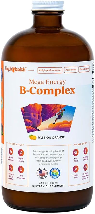LIQUIDHEALTH 32 Oz Vitamin B Complex Liquid Multivitamin for Women & Men, Super B Complex, Mega B Vitamins Energy Supplement with B1, B2, B3, B5, B6, Methyl B12 Liquid, Folate & Biotin - Made in USA