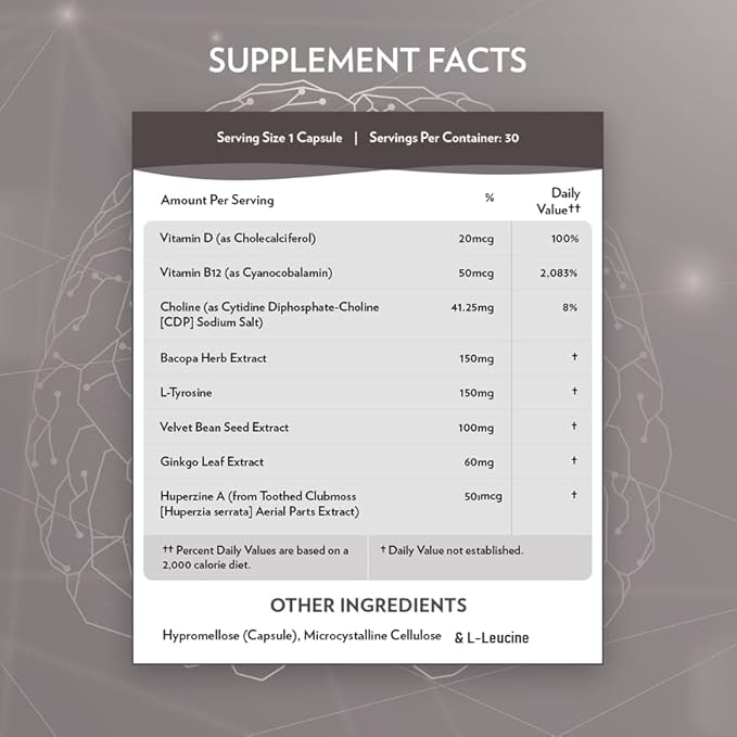 TERRA ORIGIN Healthy Mind and Memory Support Supplement | Cognitive Memory Matrix | Nootropic CDP, Bacopa, L-Tyrosine, Huperzine A, Ginko, B12 | Non GMO, Gluten Free, Dairy Free | 30 Capsules