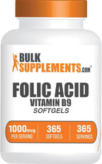 BulkSupplements.com Folic Acid Softgels - Vitamin B9, Folic Acid 1000 mcg, Folate Supplement - Gluten Free, 1 Softgel per Serving, 365 Count (Pack of 1)