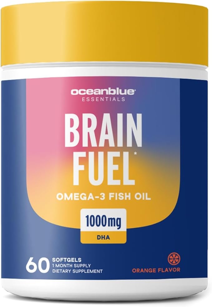 Oceanblue Essentials Brain Fuel Burpless Fish Oil High Potency Omega 3 DHA Supplement for Brain and Eye Support 1000 mg Tasty Orange Flavor 60 Count Softgels 1 Month Supply