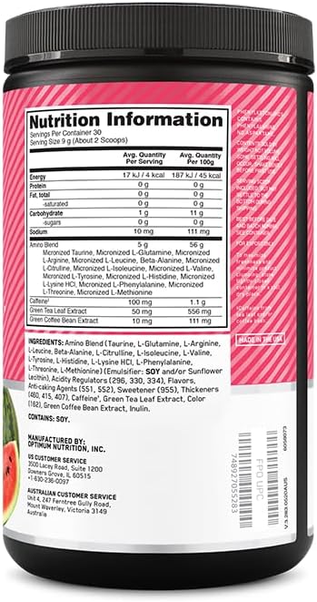 Optimum Nutrition Amino Energy - Pre Workout with Green Tea, BCAA, Amino Acids, Keto Friendly, Green Coffee Extract, Energy Powder - Watermelon, 65 Servings (Packaging May Vary) (Pack of 6)