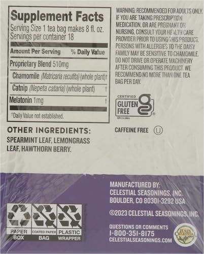 Celestial Seasonings Sleepytime Tea Plus Melatonin, Caffeine Free, Celestial Seasonings Herbal Tea, 18 Bag Box (Pack of 5)