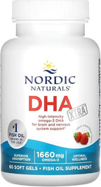 Nordic Naturals DHA Xtra, Strawberry - 60 Soft Gels - 1660 mg Omega-3 - High-Intensity DHA Formula for Brain & Nervous System Support - Non-GMO - 30 Servings