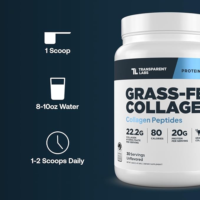 Grass-Fed Collagen Peptides Powder - Unflavored Collagen Powder for Women & Men, 22G Grassfed Bovine Hydrolyzed Collagen Peptides for Skin, Hair, Bones & Muscle Recovery - 30 Servings