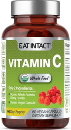Vegan Whole Food Vitamin C, Two Ingredients (Organic Whole Acerola Cherry Powder and Organic Vegan Capsule), Non-GMO, Third Party Tested, 60 Day Supply