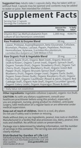 Garden of Life Vitamin Code Raw B-12-30 Capsules, 1,000mcg Whole Food B12 Methylcobalamin for Energy, Vegan Methylcobalamin Vitamin Plus Probiotics and Enzymes, Gluten Free Supplements (Pack of 6)