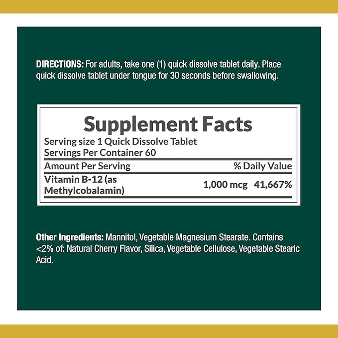 Nature's Bounty Vitamin B-12 Quick Dissolve Tablets, 1000mcg, Aids in The Conversion of Food into Cellular Energy, Cherry Flavor, 60ct (Pack of 3)