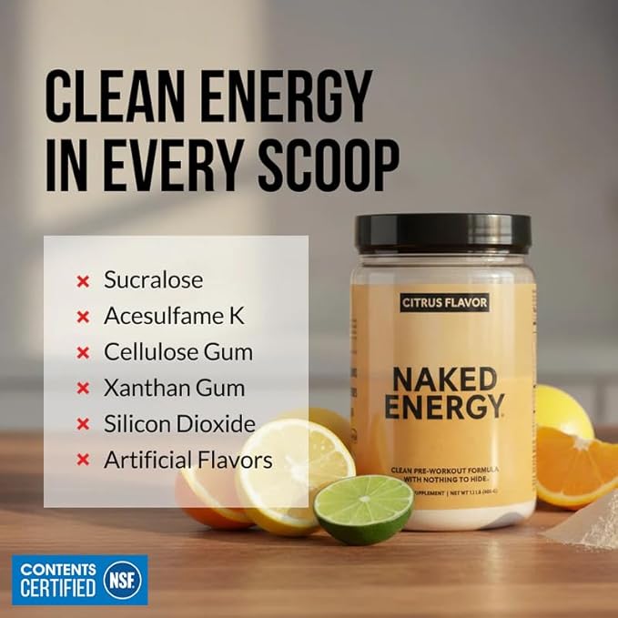 NAKED Citrus Energy - Citrus Flavored Clean Pre Workout Supplement for Men and Women, NSF Certified, Vegan Friendly, No Added Sweeteners, Colors Or Flavors - 30 Servings