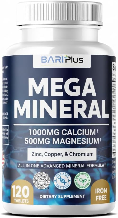 Mega Mineral – Complete Complex with Vitamin D, Calcium, Magnesium, Zinc, Potassium, Boron, Selenium, Chromium & Trace Minerals – Iron-Free – USA Made -Halal (120 Tablets)