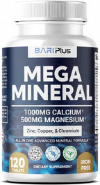 Mega Mineral – Complete Complex with Vitamin D, Calcium, Magnesium, Zinc, Potassium, Boron, Selenium, Chromium & Trace Minerals – Iron-Free – USA Made -Halal (120 Tablets)