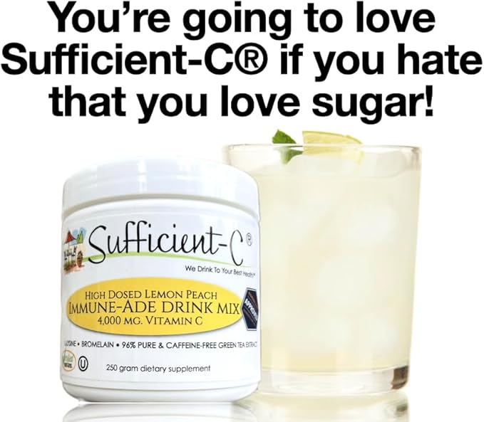 Sufficient-C High-Dosed 4000 mg. Vitamin C Lemon Peach Immune-Ade Drink Mix 250 gram Size - Refreshing with Generously Dosed L-lysine, Bromelain & 96% Pure, Caffeine-Free Green Tea Extract