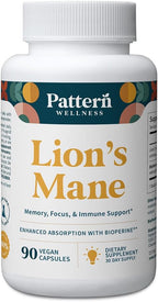 Pattern Wellness Lion’s Mane Mushroom – Supplement Capsules for Cognitive & Focus Support – Enhanced Absorption – 90 Vegan Capsules