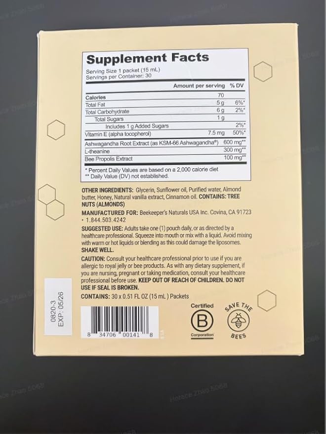Ashwagandha Liposomal Stress Support by Beekeeper's Naturals, 600mg with Propolis, L-Theanine, Anti-Stress Support for Calm & Relaxation, 30ct