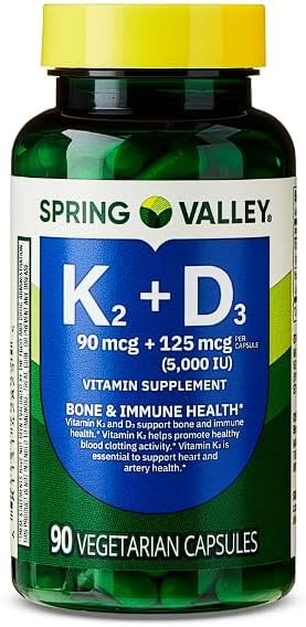 Vitamin K2 + D3 • 5000 IU D3 + Vitamin K2 • Bone, Heart & Immune Support • 90 Vegetarian Capsules • Non-GMO by Spring Valley + Daily Supplement Tracker Sticker