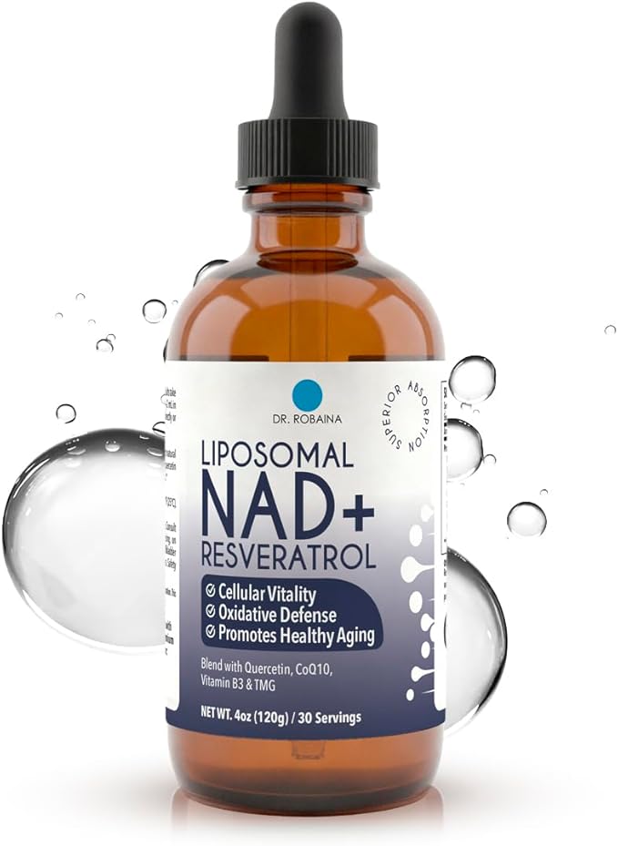 Dr. Robaina Liposomal NAD⁺ Liquid Drops – Doctor-Formulated with Trans-Resveratrol, Quercetin, CoQ10, Vitamin B3 & TMG – 400 mg NAD⁺ per 4 mL Serving – Berry Flavor, Amber Glass Dropper, 4 fl oz