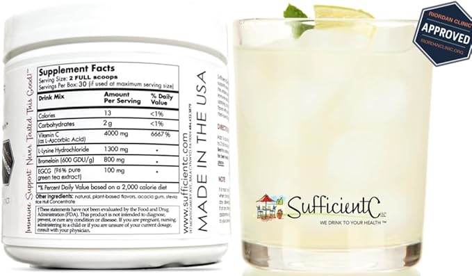 Sufficient-C High Dose Non-GMO Vitamin C - Lemon Peach Immune-Ade Drink Mix 250 Grams - Healthy Hydration Like Never Before (2 Pack)