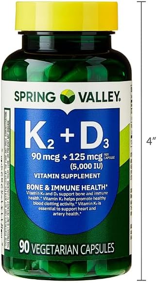 Vitamin K2 + D3 • 5000 IU D3 + Vitamin K2 • Bone, Heart & Immune Support • 90 Vegetarian Capsules • Non-GMO by Spring Valley + Daily Supplement Tracker Sticker