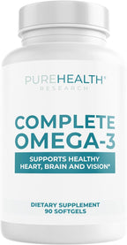 PUREHEALTH RESEARCH Complete Omega 3 Fish Oil Softgels - Omega-3 Fatty Acid Supplements for Women & Men - EPA DHA Supplement for Hearth, Brain & Vision Support - Non-GMO- 90 Soft Gels
