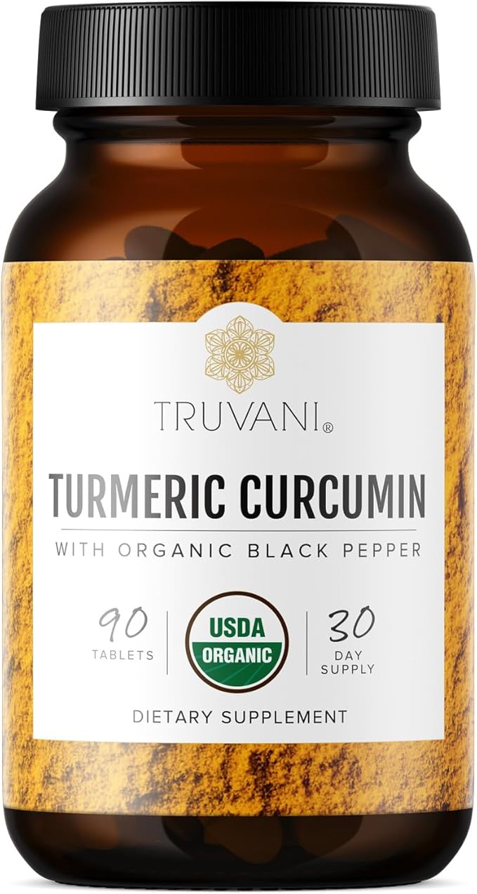 Truvani Organic Turmeric Curcumin Tablets 1,350 mg Each - Natural Joint Support with Black Pepper for Absorption - 90 Tablets