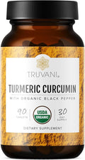 Truvani Organic Turmeric Curcumin Tablets 1,350 mg Each - Natural Joint Support with Black Pepper for Absorption - 90 Tablets