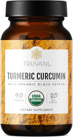 Truvani Organic Turmeric Curcumin Tablets 1,350 mg Each - Natural Joint Support with Black Pepper for Absorption - 90 Tablets