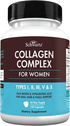 BioSchwartz Hydrolyzed Collagen Peptide Capsules - Multi Collagen Supplements for Women Types I, II, III, V, X with Vitamin C, Biotin, Keratin and Hyaluronic Acid for Skin, Hair & Nails - 135ct