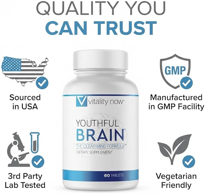 Youthful Brain | Memory & Brain Health Support Supplement with Bacopa Monnieri, Ginkgo Biloba, B12 - Easy to Swallow Tablets - 30-Day Supply (60 Count)