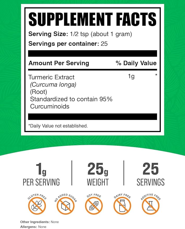 BulkSupplements.com Turmeric Extract Powder - from Turmeric Root, Curcumin Supplements, Turmeric Curcumin Powder - Gluten Free, 1g per Serving, 25g (0.88 oz) (Pack of 1)