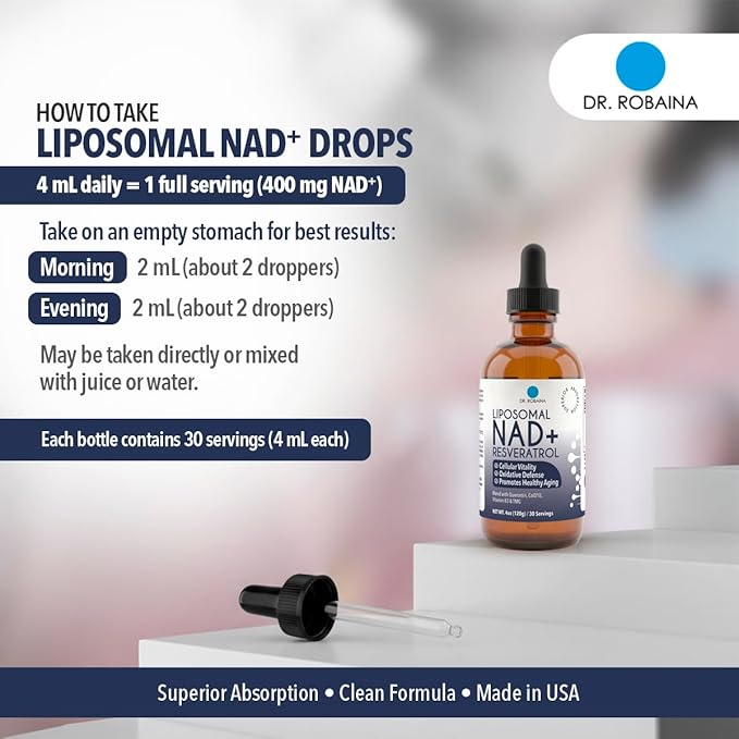 Dr. Robaina Liposomal NAD⁺ Liquid Drops – Doctor-Formulated with Trans-Resveratrol, Quercetin, CoQ10, Vitamin B3 & TMG – 400 mg NAD⁺ per 4 mL Serving – Berry Flavor, Amber Glass Dropper, 4 fl oz
