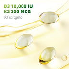 Vitamin D3 K2 Softgels, Vitamin D3 10000 IU with K2 (MK-7) 200 mcg with Coconut Oil Softgels, Supports Calcium Absorption, Bone, Immune and Heart Health - 90 Counts * 2 Packs