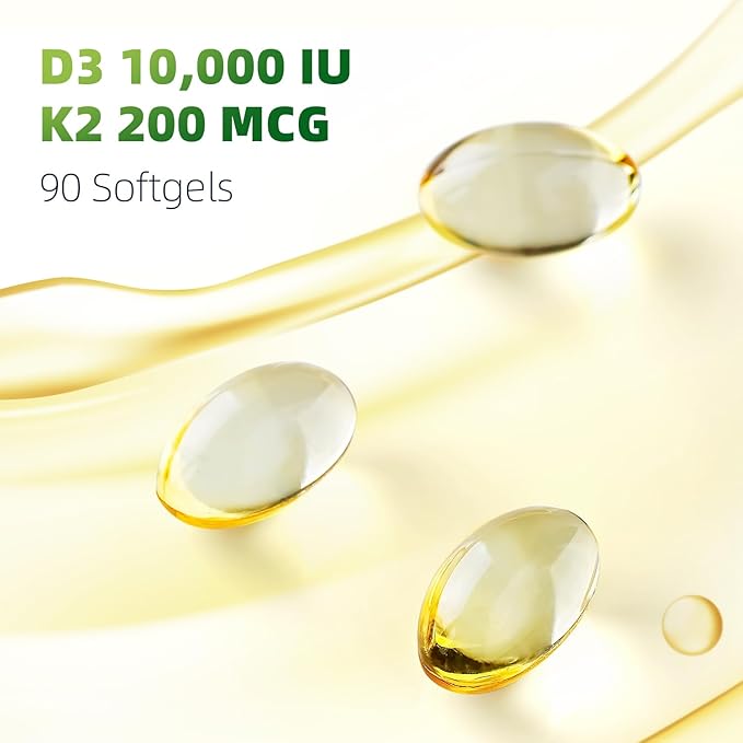 Vitamin D3 K2 Softgels, D3 10000 IU with K2 (MK-7) 200 mcg with Coconut Oil Softgels, Easy to Swallow 2 in 1 Vitamins D & K, Supports Calcium Absorption, Immune and Heart Health - 90 Counts